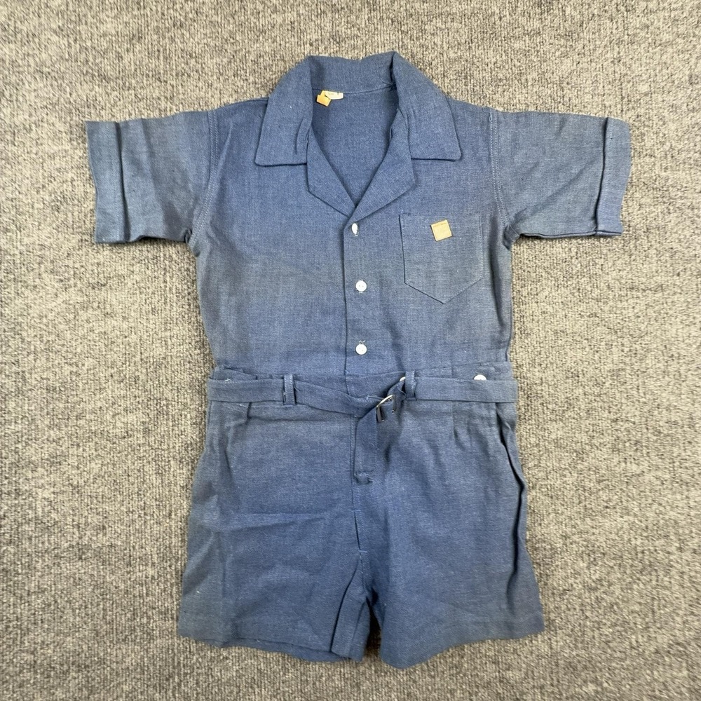 Vintage Romper Girls 8 Blue Cotton Collared Belted Short Sleeve One Piece